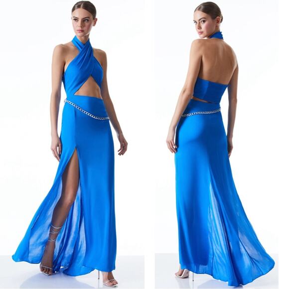 Alice + Olivia May Halter Neck Chain Waist Cutout Palace Blue Maxi Dress Sz 10 - Picture 1 of 11